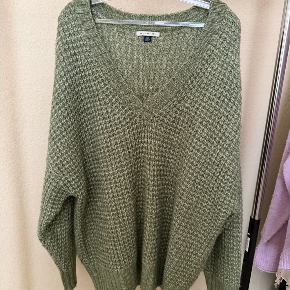American Eagle Soft Olive V-Neck Waffle Knit Sweater